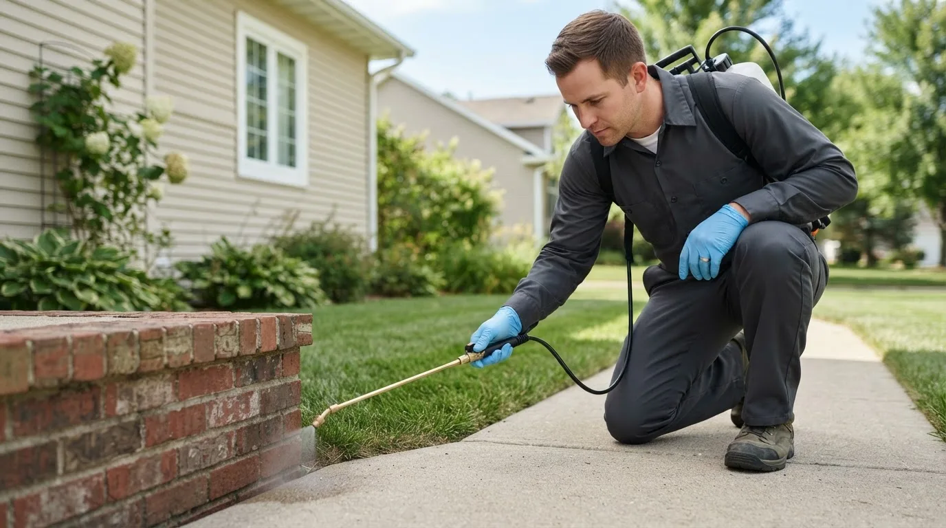 Pest control technician treating a home near Everett, MA